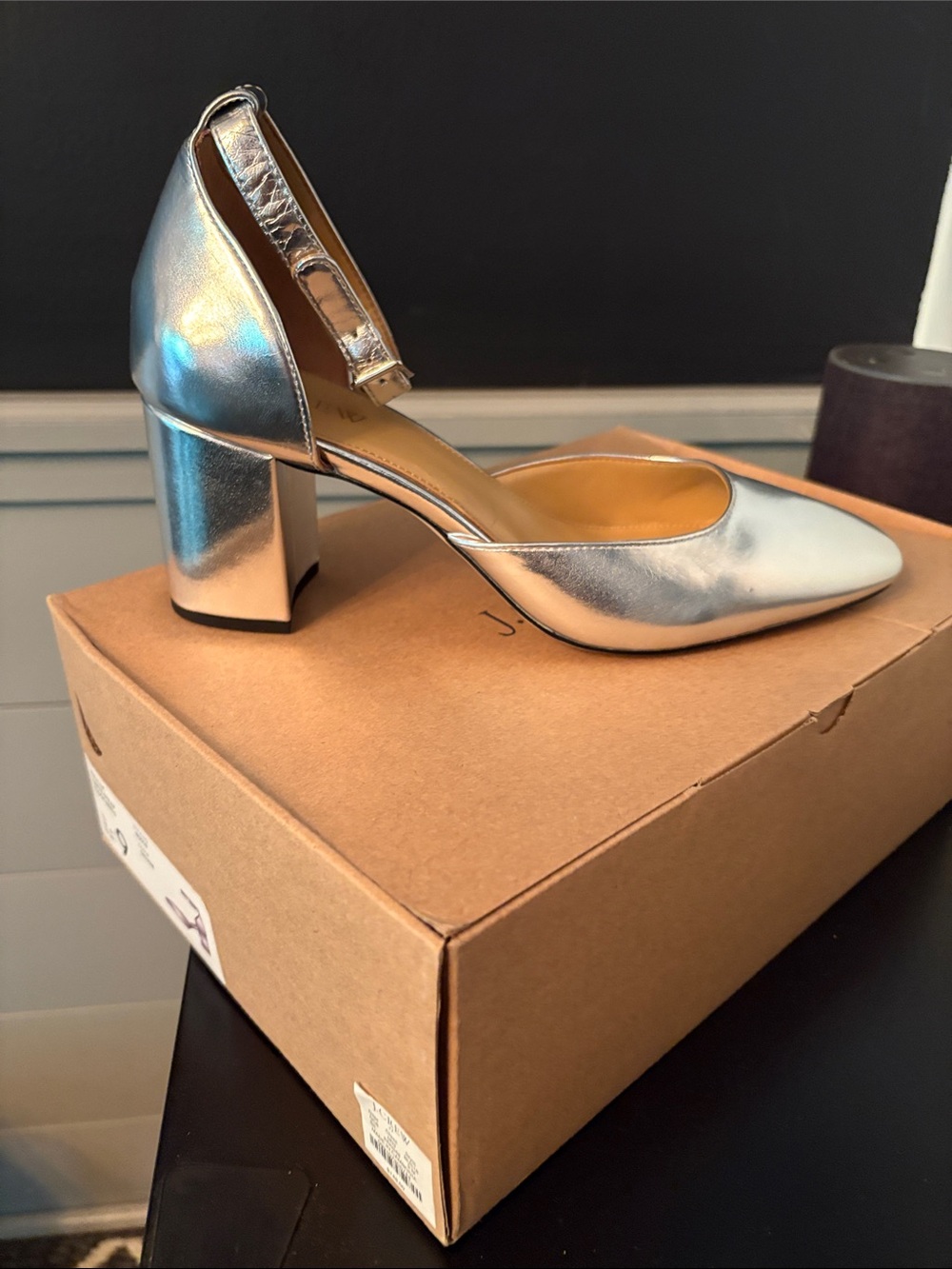J. Crew Silver Ankle-Strap Block Heel Pump